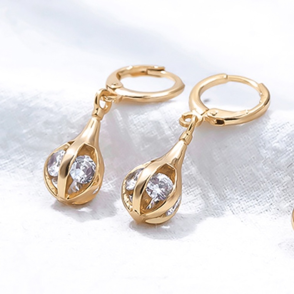 Gold Openwork Water-drop Shaped Huggie Hoops w/CZs - Picture 2 of 8